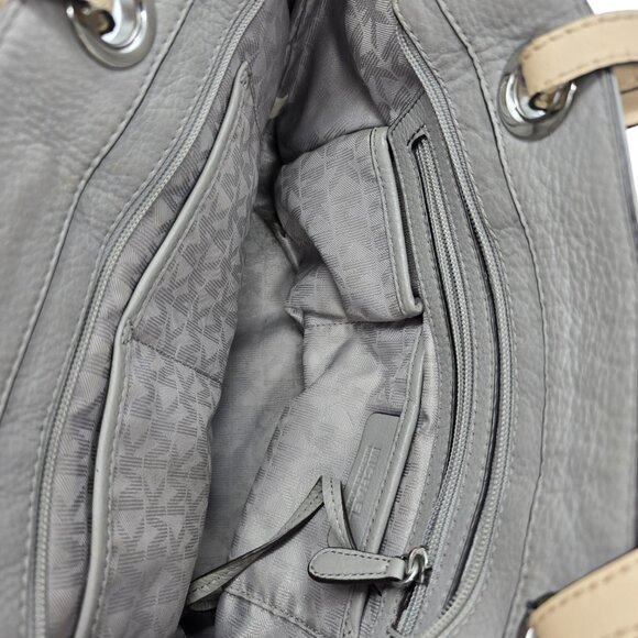 Michael Kors Pebbled Leather Shoulder Tote Bag Gray Taupe Silver Hardware Purse - Picture 10 of 16